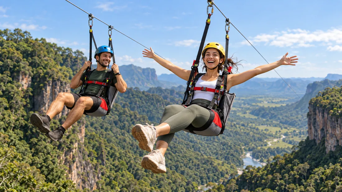 Imagem ilustrativa: dois participantes sorrindo em posição sentada sobre um vale verde