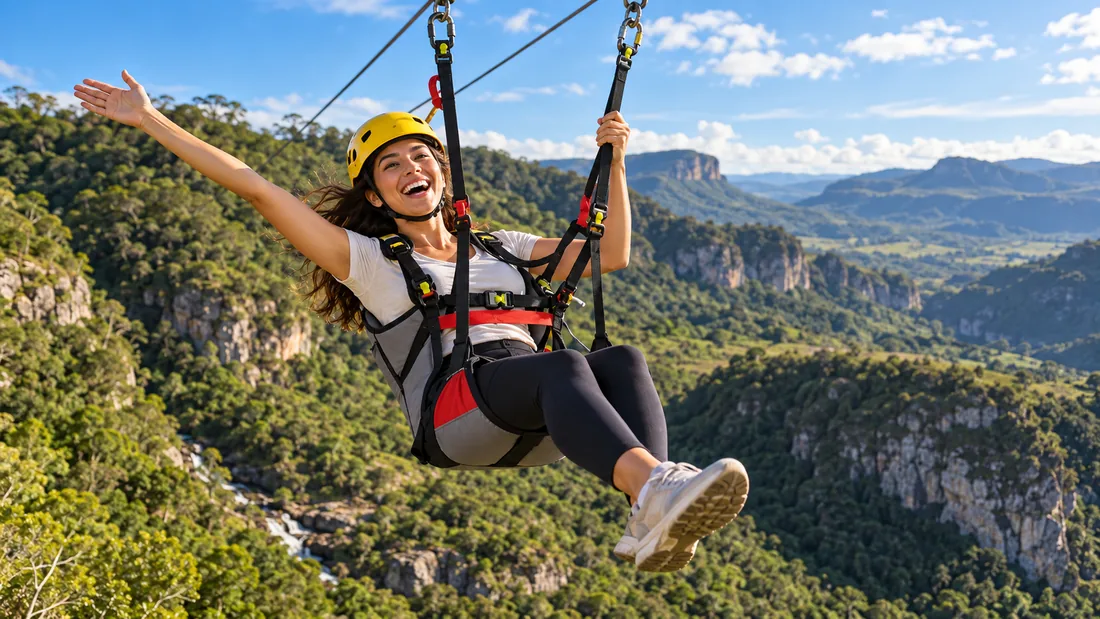 Imagem ilustrativa: participante de braços abertos em posição sentada, em uma paisagem de montanhas