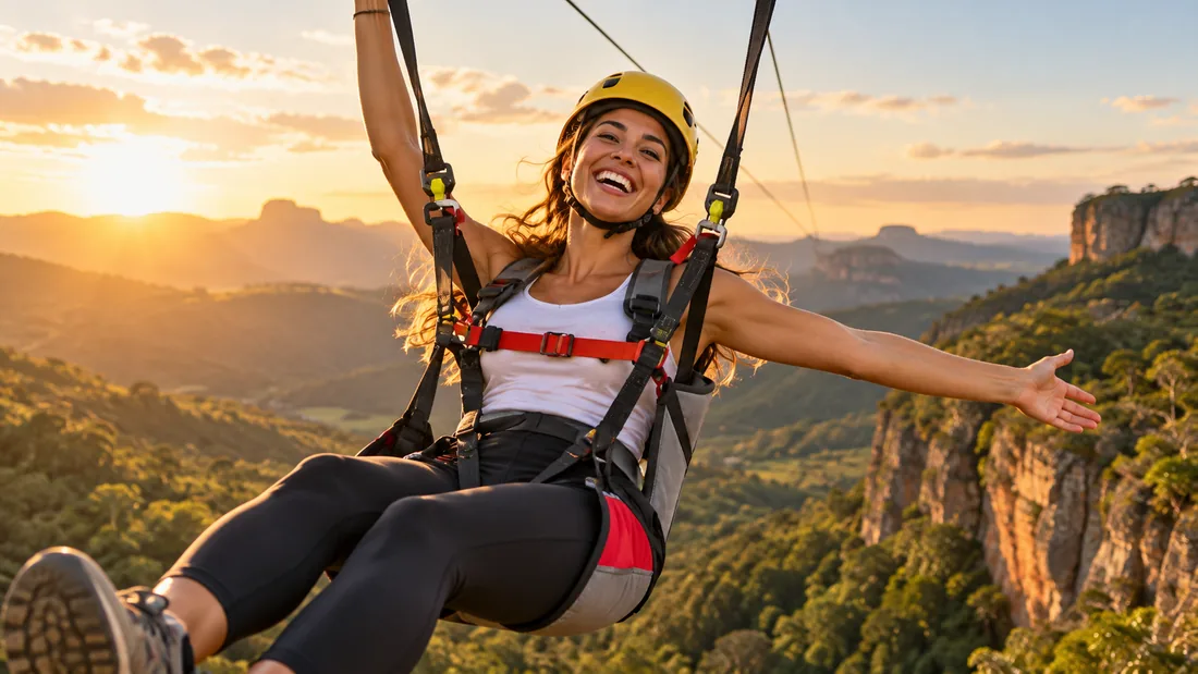Imagem ilustrativa: participante sorrindo em posição sentada, com montanhas ao pôr do sol